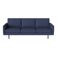 Navy blue fabric sofa with a minimalist design and smooth, solid color upholstery.