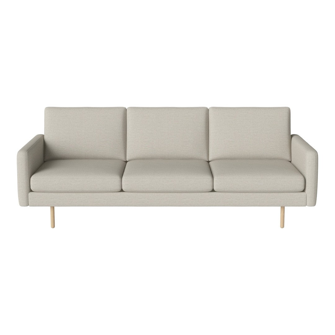 Light gray modern sofa with a minimalist design and smooth fabric, featuring clean lines and wooden legs.