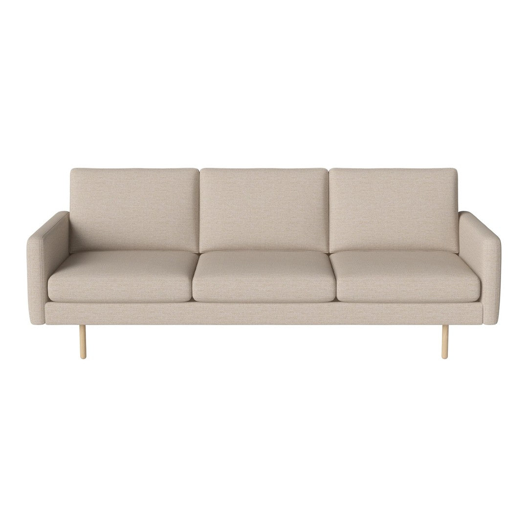 Beige three-seater sofa with clean lines and a smooth fabric texture, complemented by light wooden legs.