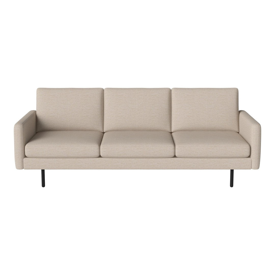Beige modern sofa with clean lines, solid color upholstery, and sleek black legs, perfect for contemporary decor.