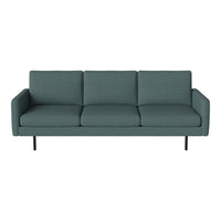 Teal three-seater sofa with a textured pattern and sleek black legs, perfect for modern living spaces.