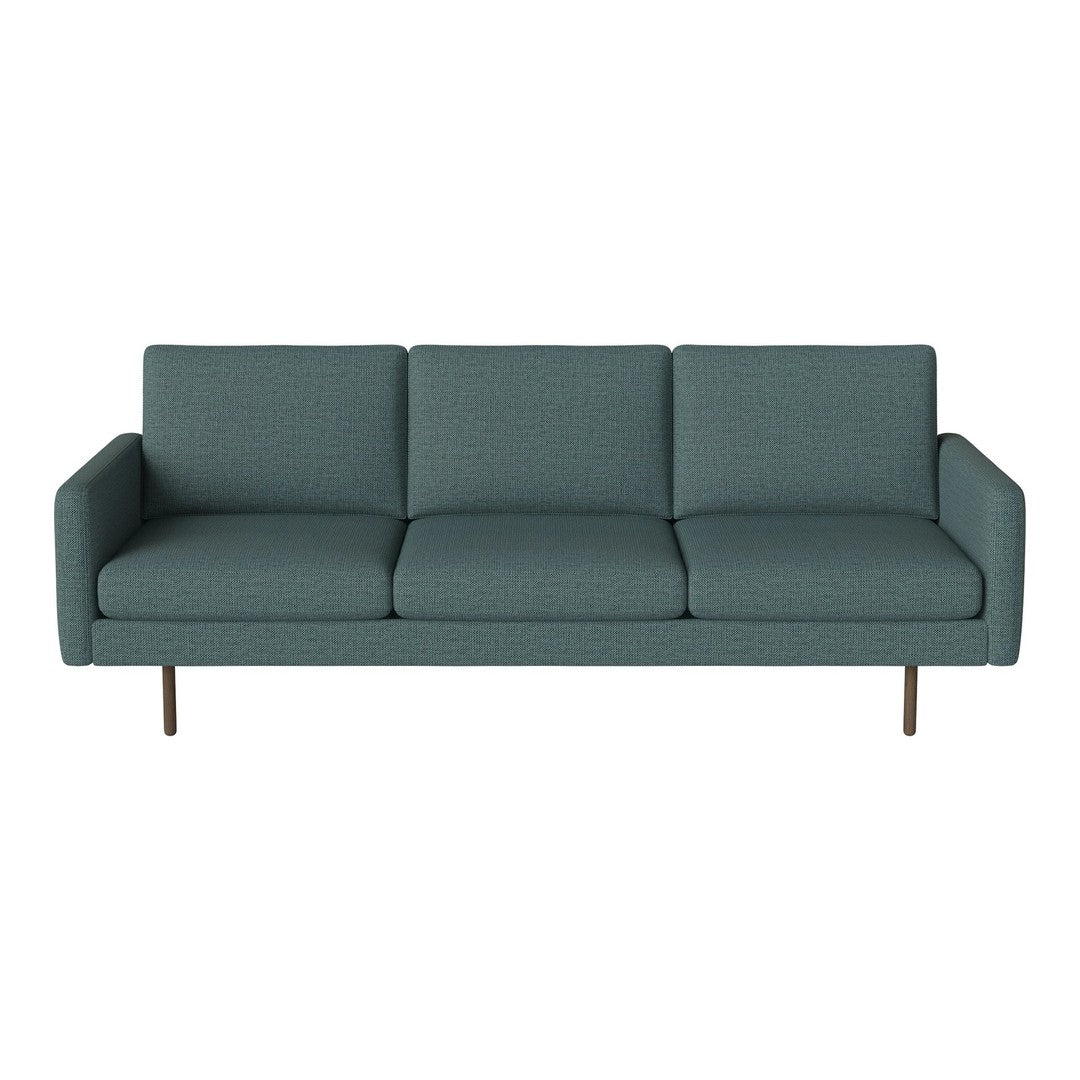 Teal upholstered sofa with a subtle textured pattern and sleek wooden legs. Perfect for modern living spaces.