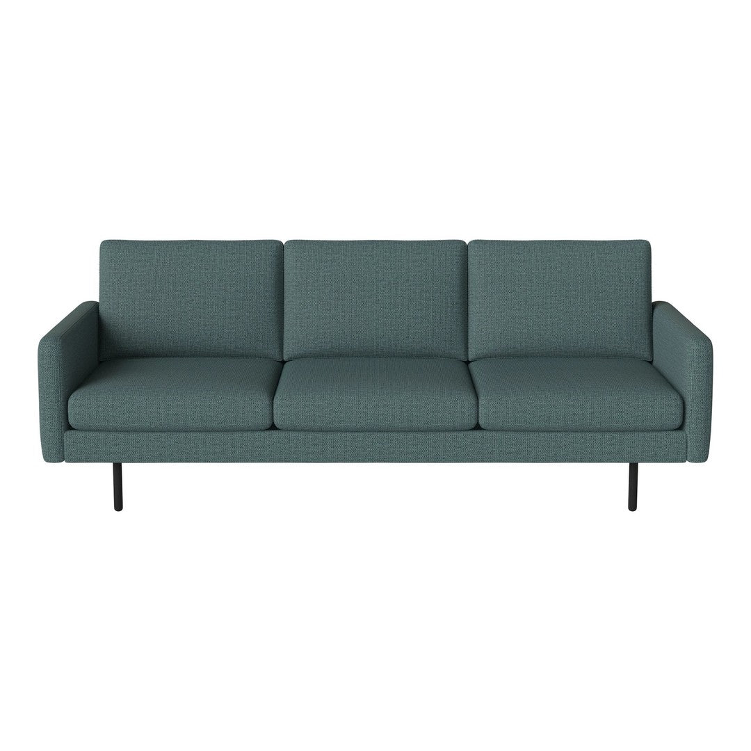 Teal three-seater sofa with textured upholstery and sleek black legs, perfect for modern living spaces.
