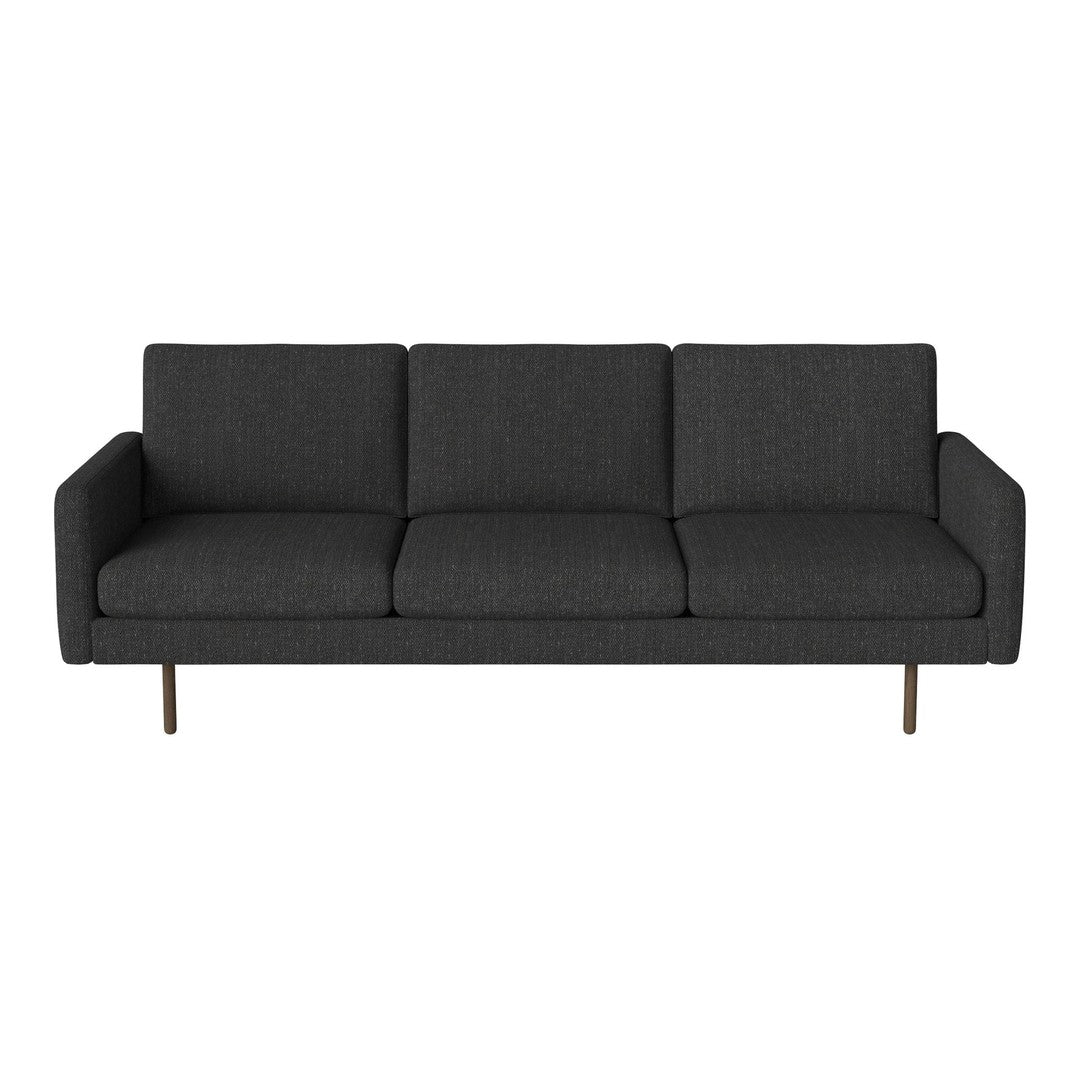 Modern dark gray sofa with a minimalist design and subtle texture, featuring clean lines and wooden legs.