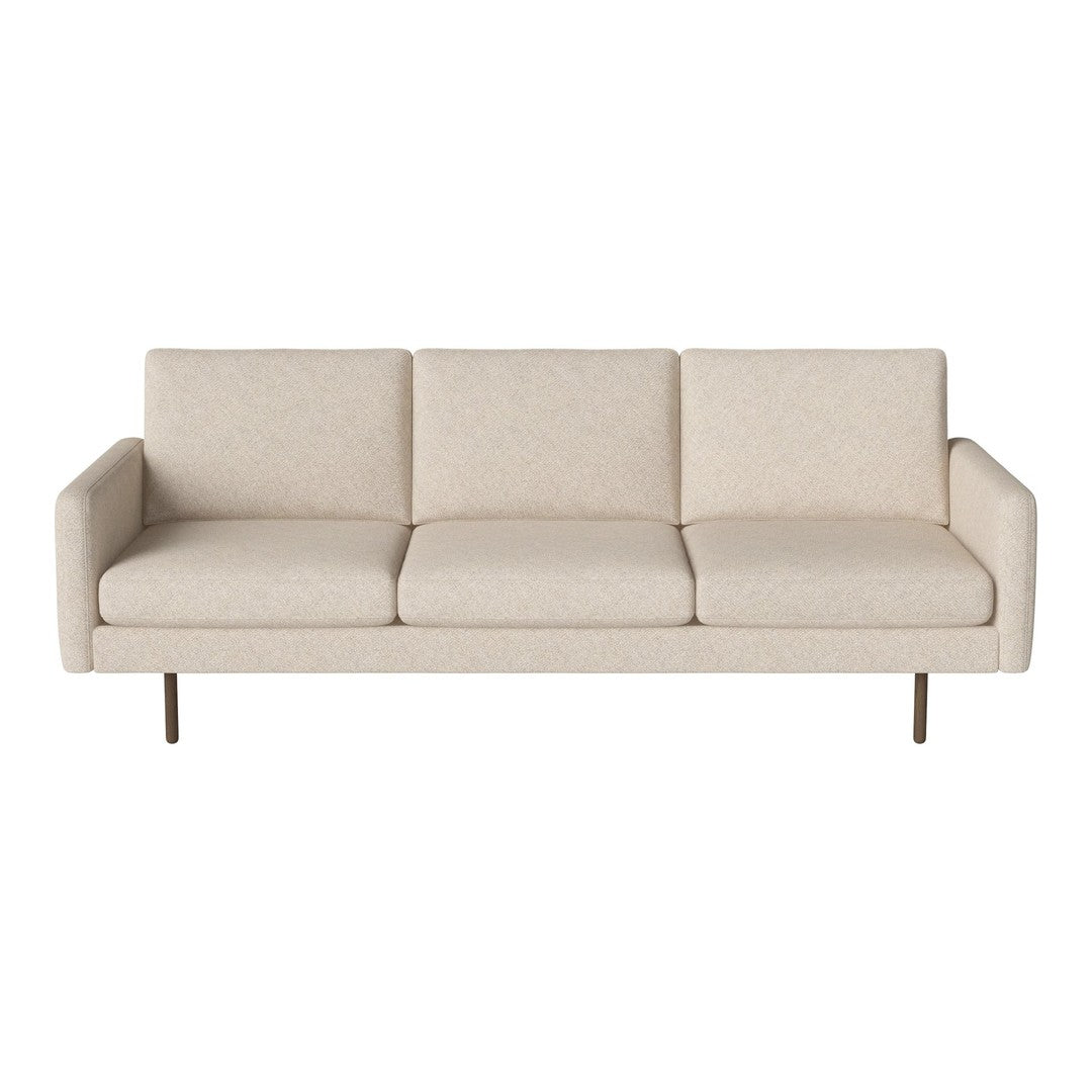 Beige three-seater sofa with a textured fabric and minimalist design, featuring clean lines and metal legs.