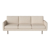 Beige three-seater sofa with a textured fabric and minimalist design, featuring clean lines and metal legs.