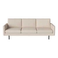Beige three-seater sofa with a textured fabric pattern and sleek black metal legs. Ideal for modern living spaces.