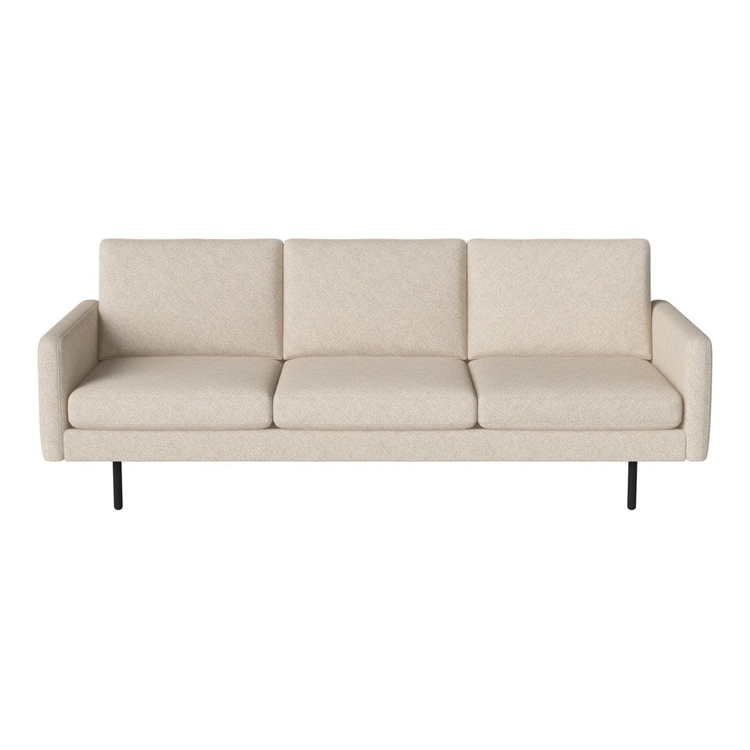 Light beige three-seater sofa with a textured fabric and minimalist design, featuring black metal legs.