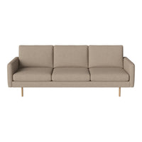 Beige three-seater sofa with clean lines and a smooth texture, resting on wooden legs. Ideal for modern decor.