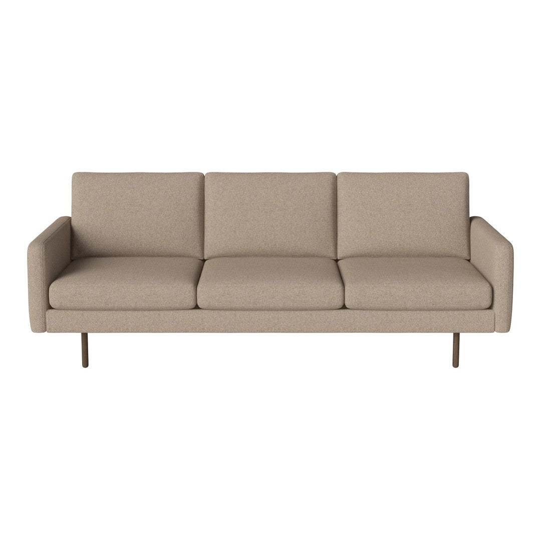 Beige three-seater sofa with clean lines and smooth, textured upholstery on a minimalist metal frame.