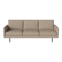 Beige three-seater sofa with clean lines and smooth, textured upholstery on a minimalist metal frame.