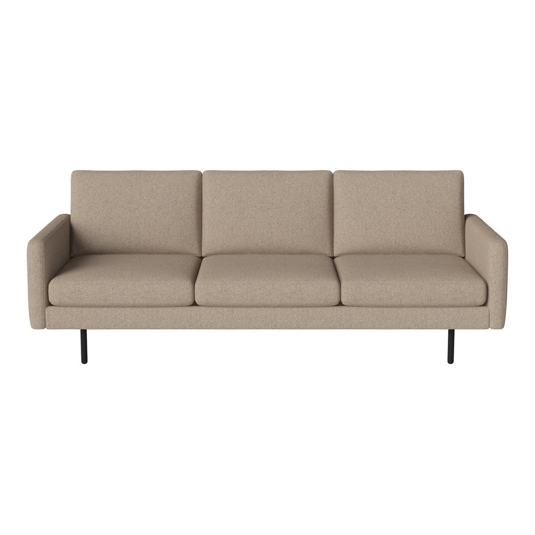 Beige linen three-seat sofa with straight lines and minimalist design, featuring black metal legs.