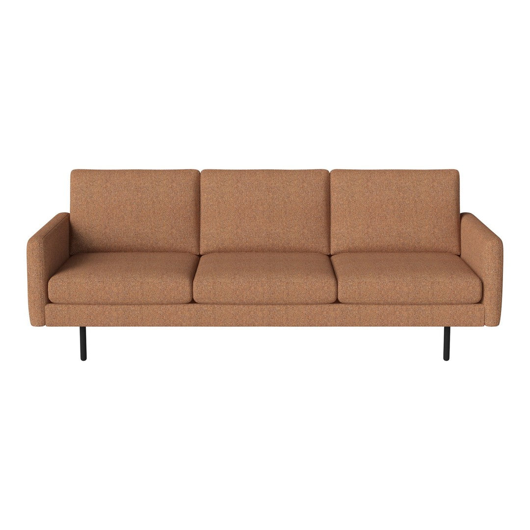 Brown upholstered three-seat sofa with a modern design and simple lines. Ideal for contemporary living spaces.