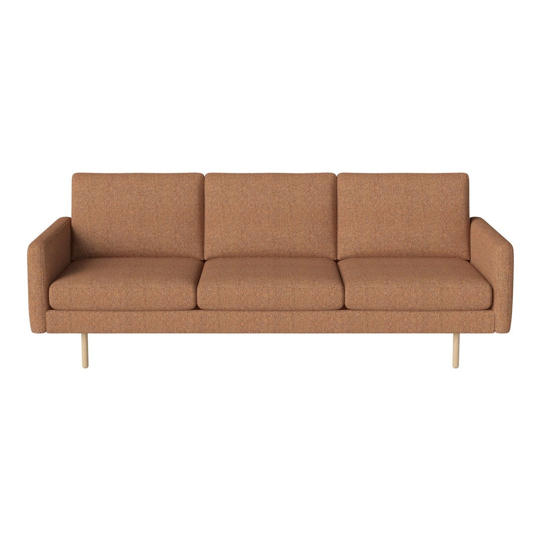 Stylish three-seater sofa in warm brown fabric with a smooth texture and sleek gold legs.