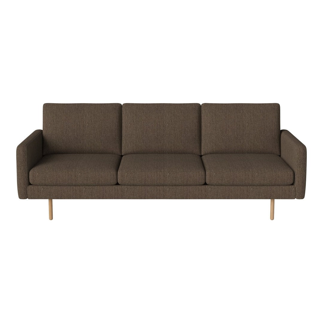 Brown fabric three-seat sofa with a modern design and clean lines, showcasing a textured weave and light wood legs.