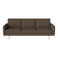 Brown fabric sofa with a simple, modern design and wooden legs, featuring a smooth texture and clean lines.