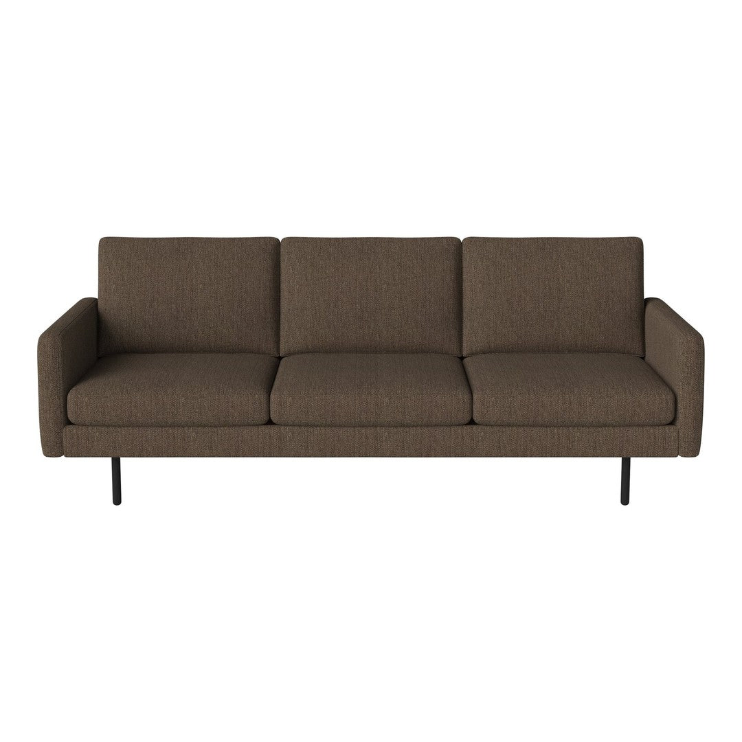 Brown fabric three-seater sofa with clean lines and a modern minimalist design. Ideal for contemporary living spaces.
