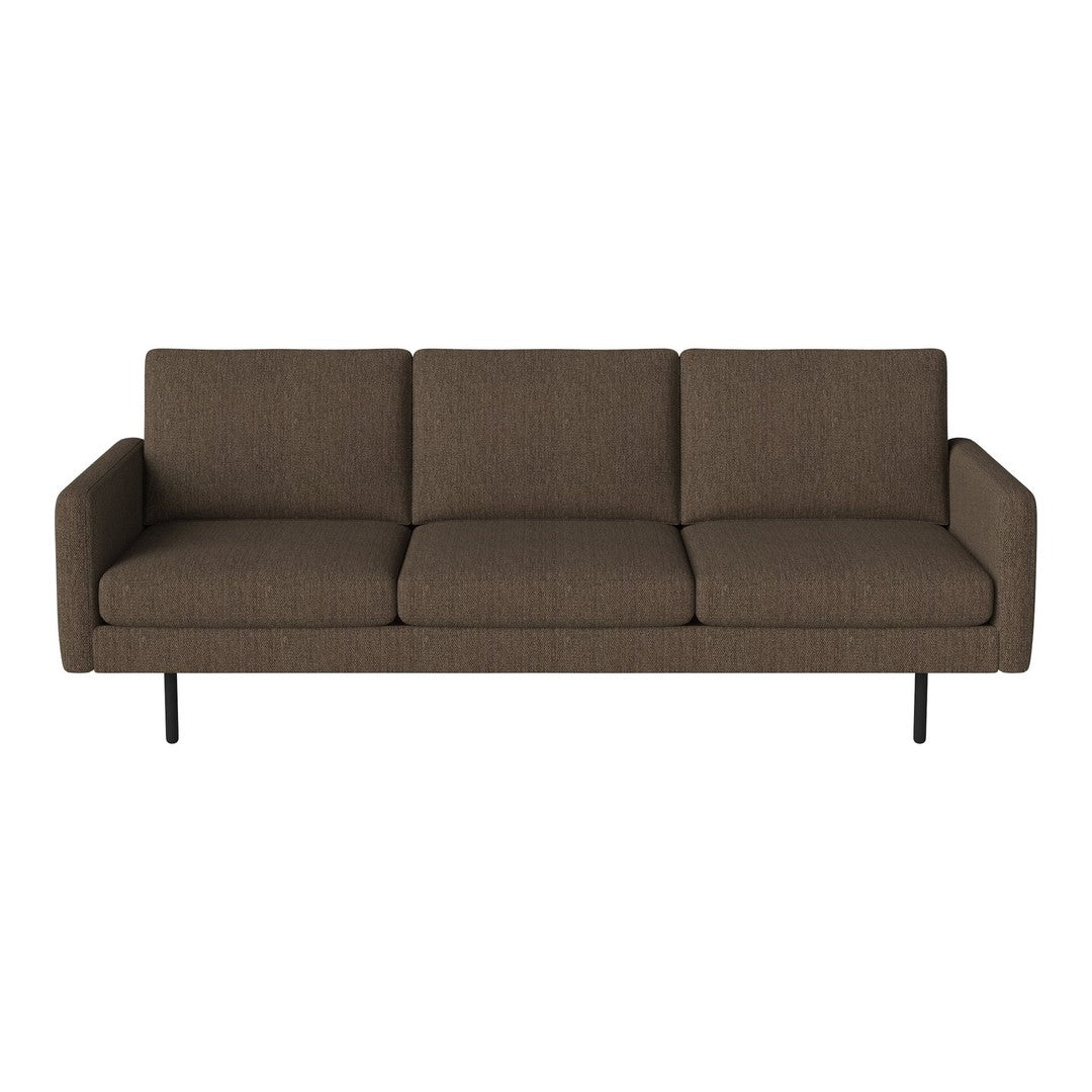 Brown upholstered sofa with a sleek, minimalist design and straight lines, featuring solid black legs.