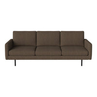Brown upholstered sofa with a sleek, minimalist design and straight lines, featuring solid black legs.