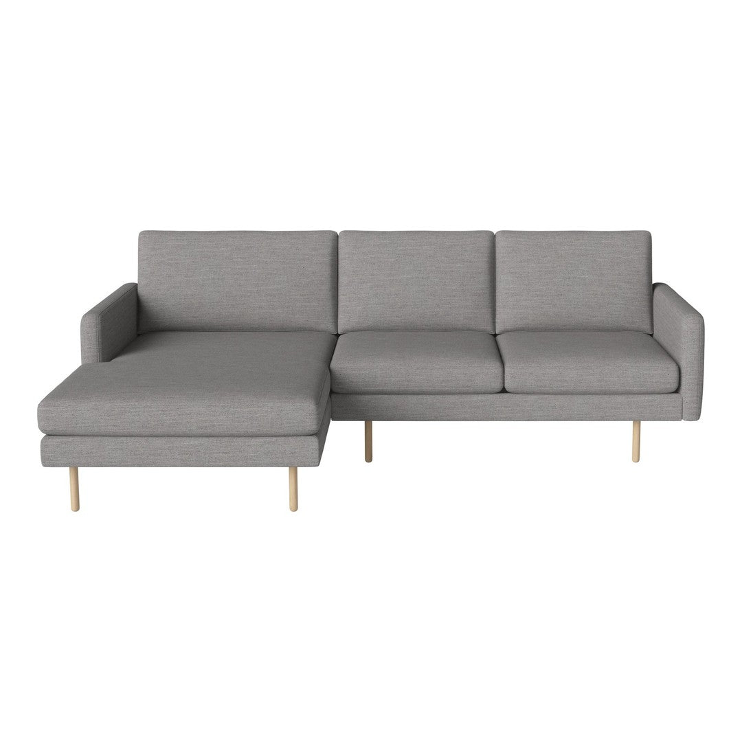 Gray fabric sectional sofa with clean lines and light wooden legs, perfect for modern living spaces.