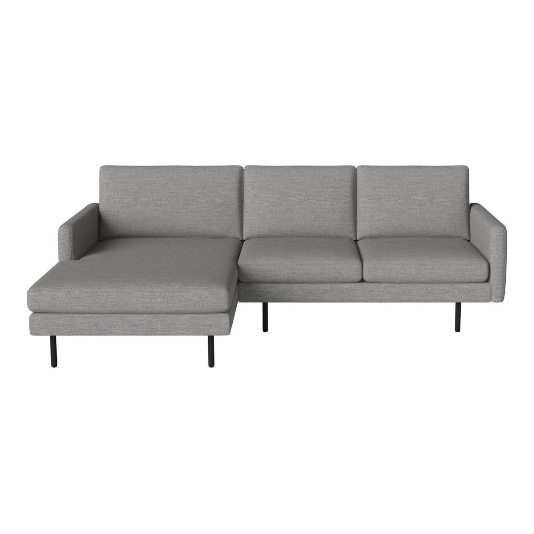Gray fabric sectional sofa with clean lines and modern design, featuring a sleek, minimalist style.