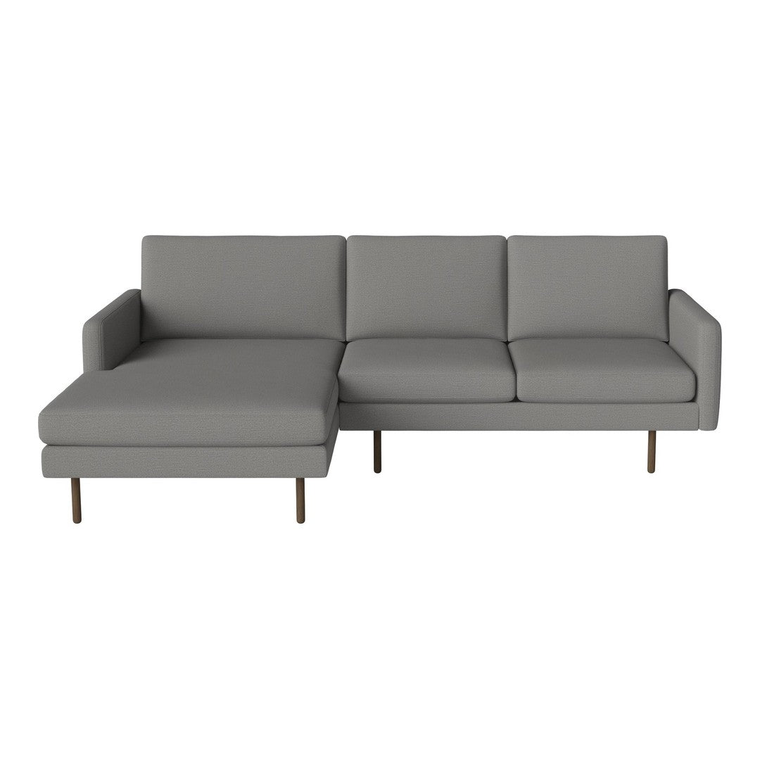 Gray modern sectional sofa with clean lines and minimalistic design, featuring smooth upholstery and gold legs.