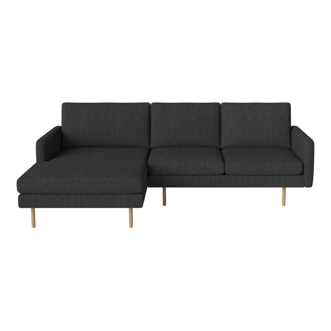 Contemporary dark gray sectional sofa with clean lines and light wooden legs. Perfect for modern living spaces.