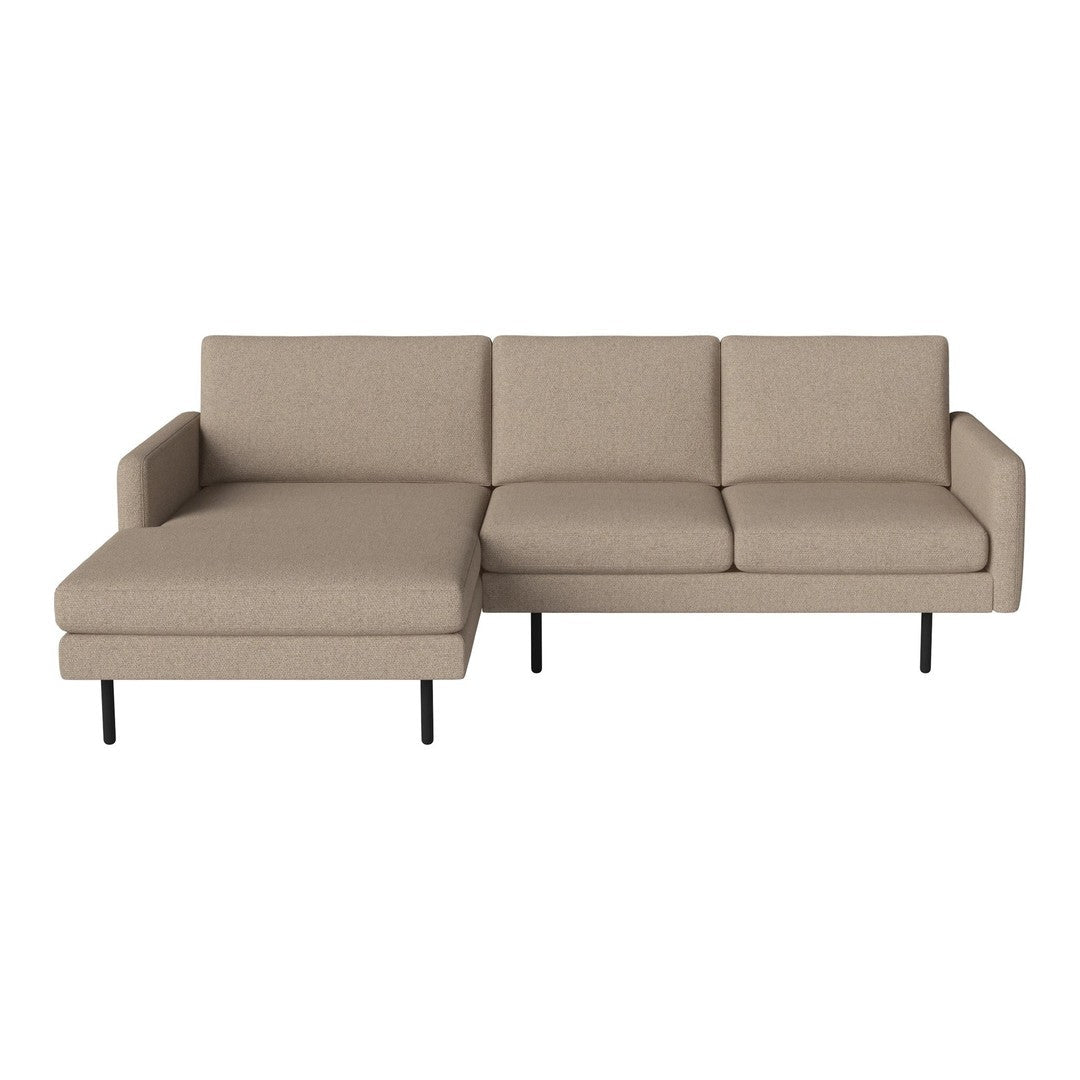 Beige fabric sectional sofa with a modern design and black metal legs. Simple, contemporary style for any living space.