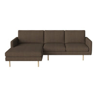 Brown fabric sectional sofa with a modern design and subtle texture, featuring light wooden legs.