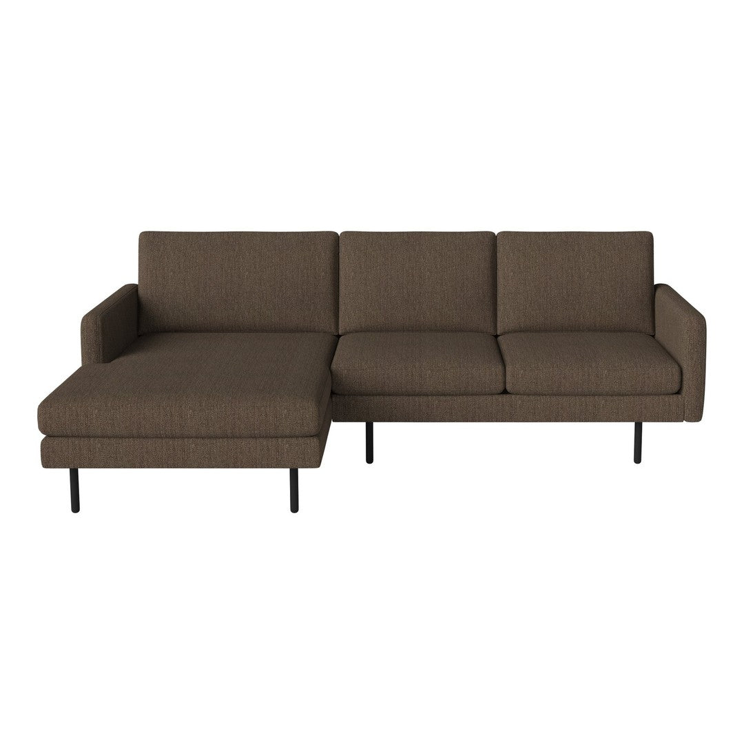 Brown upholstered sectional sofa with a simple, textured pattern and black metal legs. Perfect for modern living spaces.