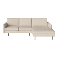Beige fabric sectional sofa with minimalist design and subtle textured pattern, featuring black metal legs.