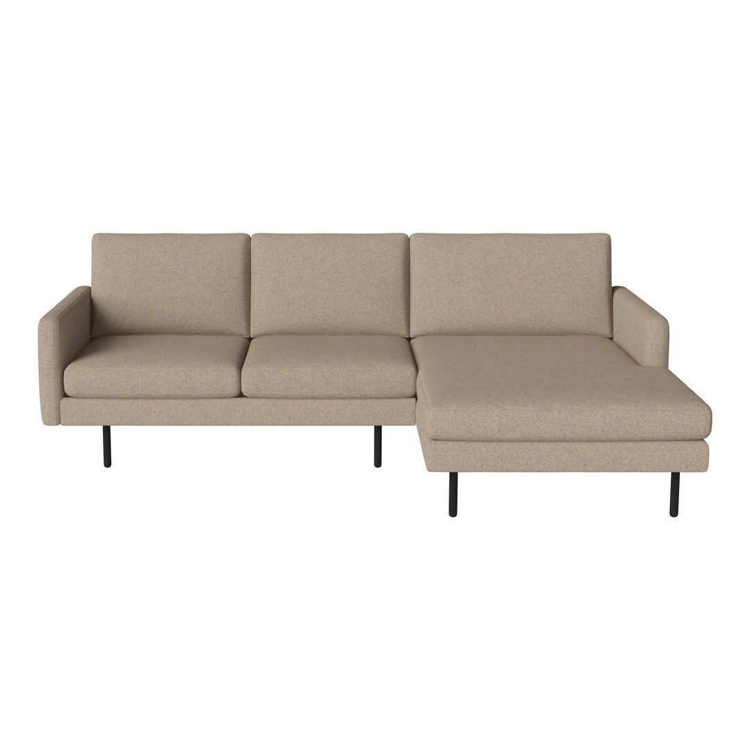 Beige fabric sectional sofa with a minimalist design and sleek black metal legs, perfect for modern interiors.