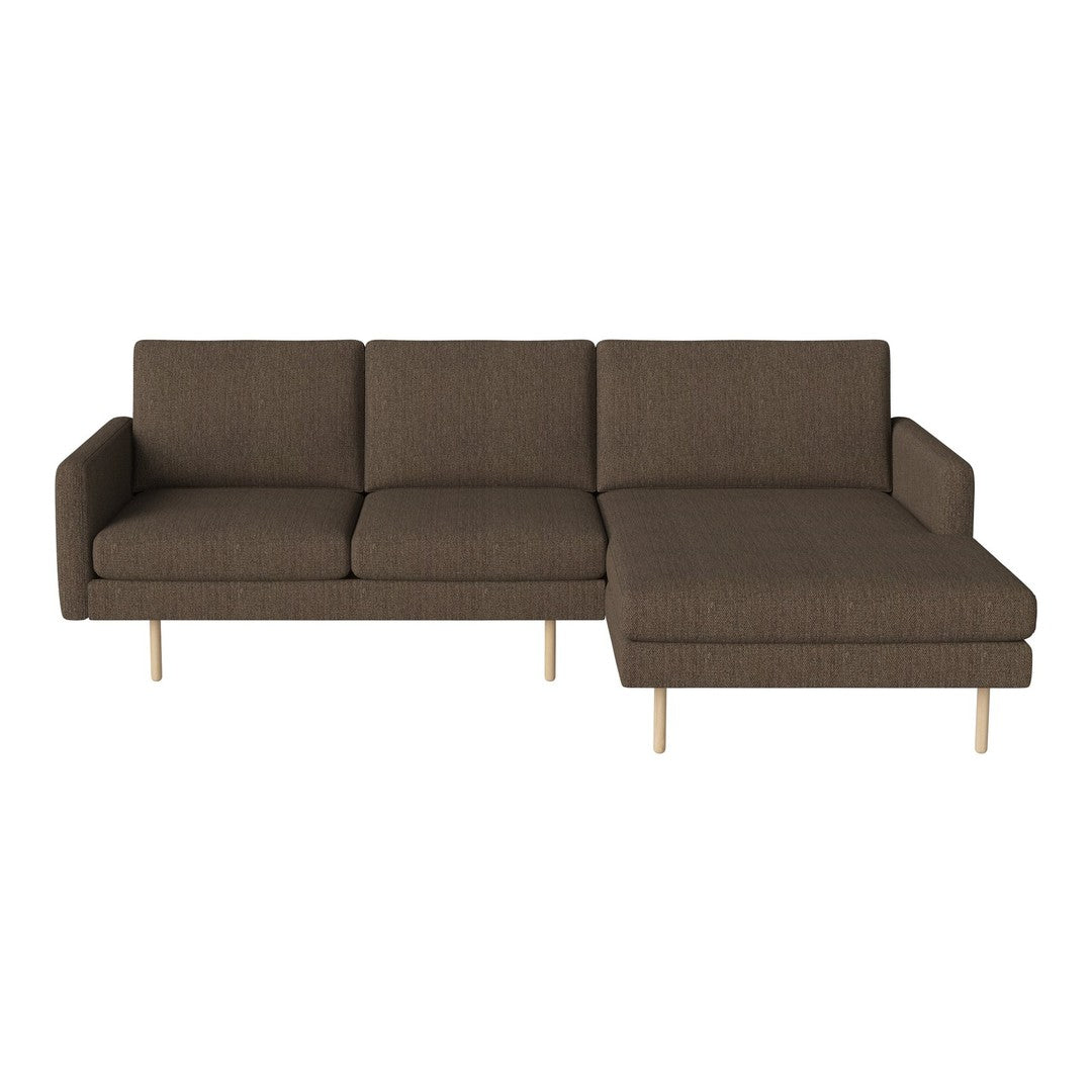 Sleek brown fabric sectional sofa with minimalist design and light wooden legs, perfect for modern living spaces.