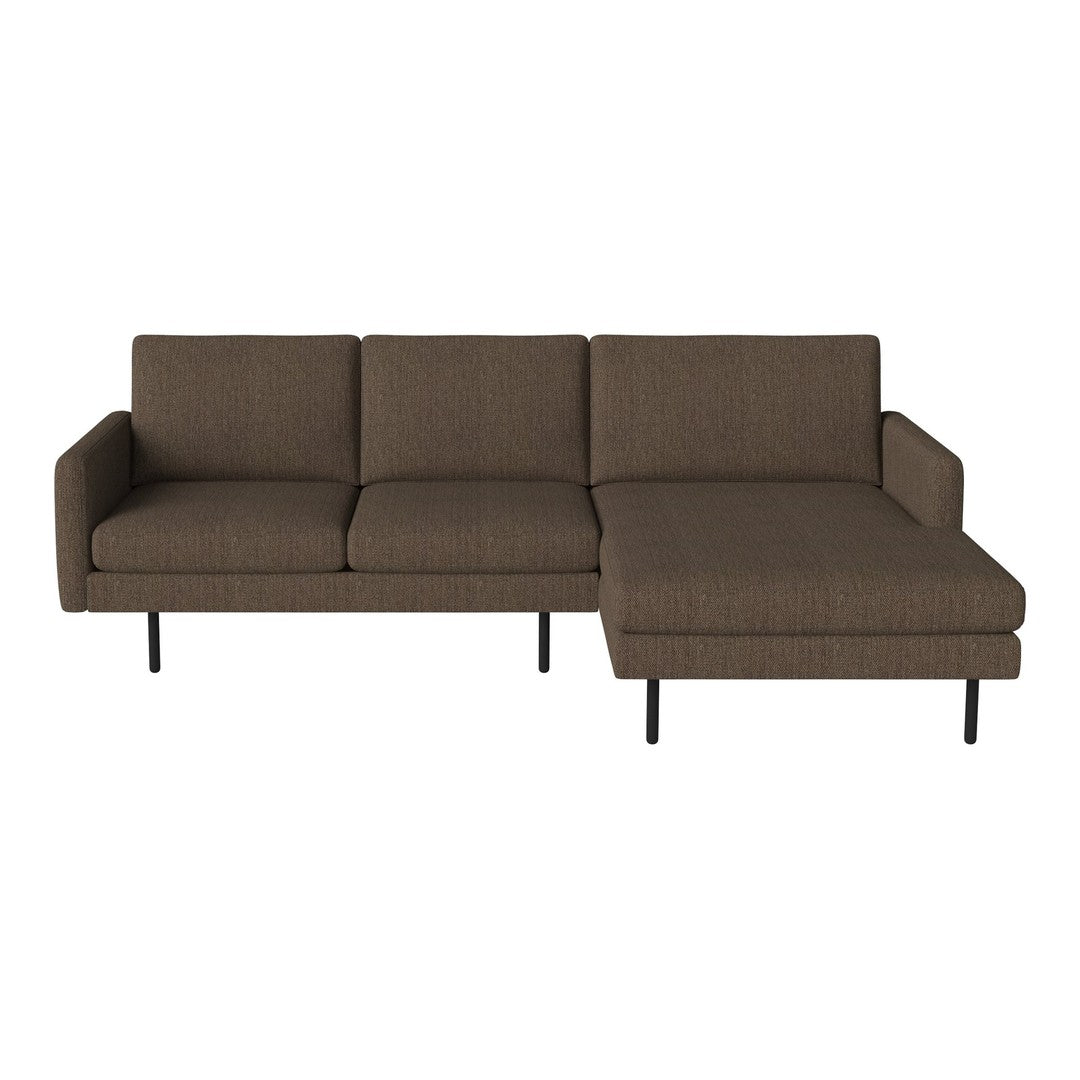 Brown fabric sectional sofa with clean lines and textured pattern. Chic design featuring minimalist black legs.
