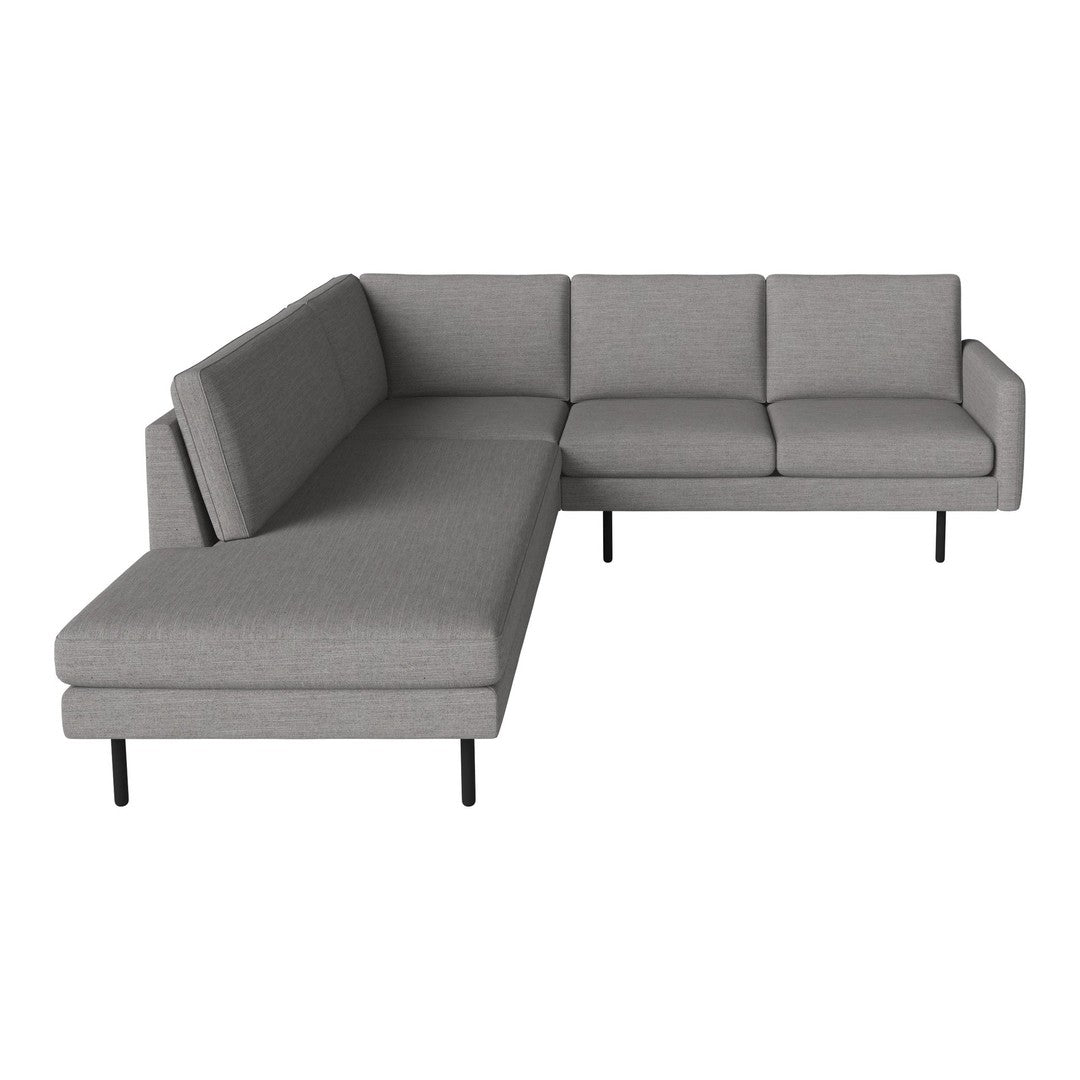 Modern grey sectional sofa with clean lines and minimalist design, featuring smooth fabric and subtle texture patterns.