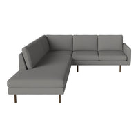 Gray sectional sofa with clean lines and soft fabric, featuring a modern minimalist design and subtle metallic legs.