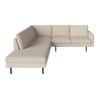 Beige sectional sofa with a minimalist design and smooth fabric, featuring clean lines and no visible patterns.