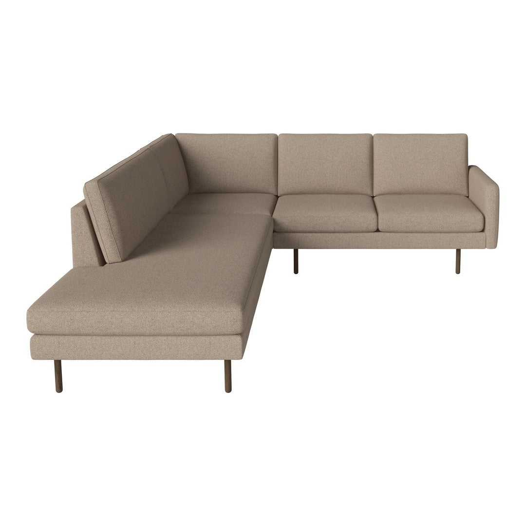 Beige sectional sofa with a modern design and a textured fabric finish. Ideal for contemporary living spaces.