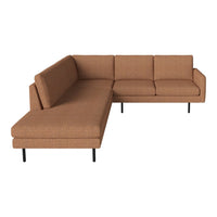 Modern sectional sofa in warm brown fabric with minimalist design and sleek black legs. Ideal for contemporary decor.