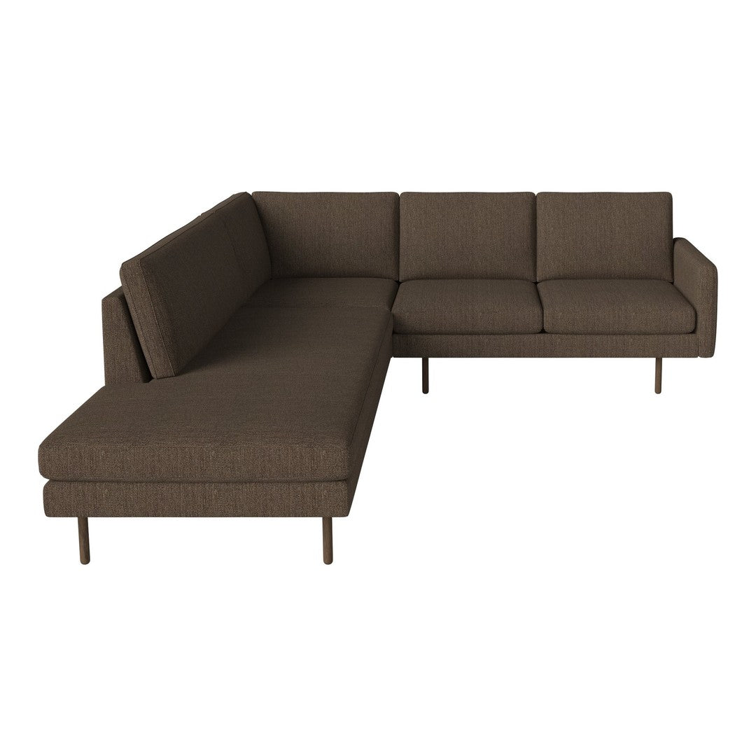 Brown sectional sofa with a sleek, modern design and subtle textural fabric patterns. Perfect for contemporary spaces.