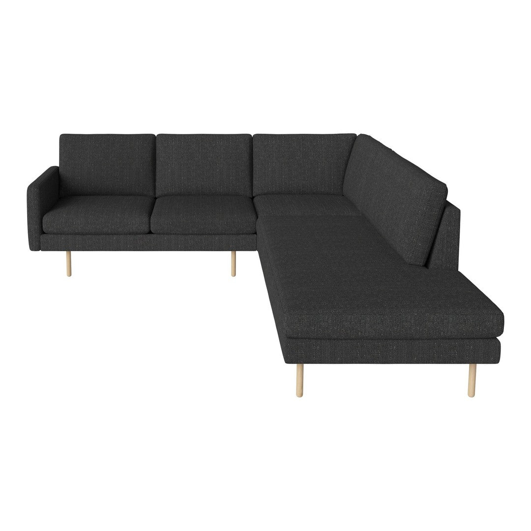 Modern gray sectional sofa with a textured fabric and natural wood legs, offering a sleek and minimalist design.