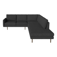 Modern dark gray sectional sofa with a sleek linen texture and minimalist design, featuring clean lines and tapered legs.