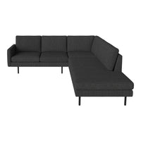 L-shaped sectional sofa in a sleek dark gray fabric with clean lines and minimalist design.