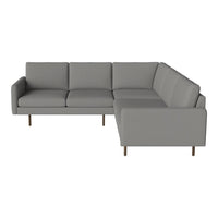 Modern gray sectional sofa with clean lines and minimalistic design, featuring a smooth fabric finish and wooden legs.
