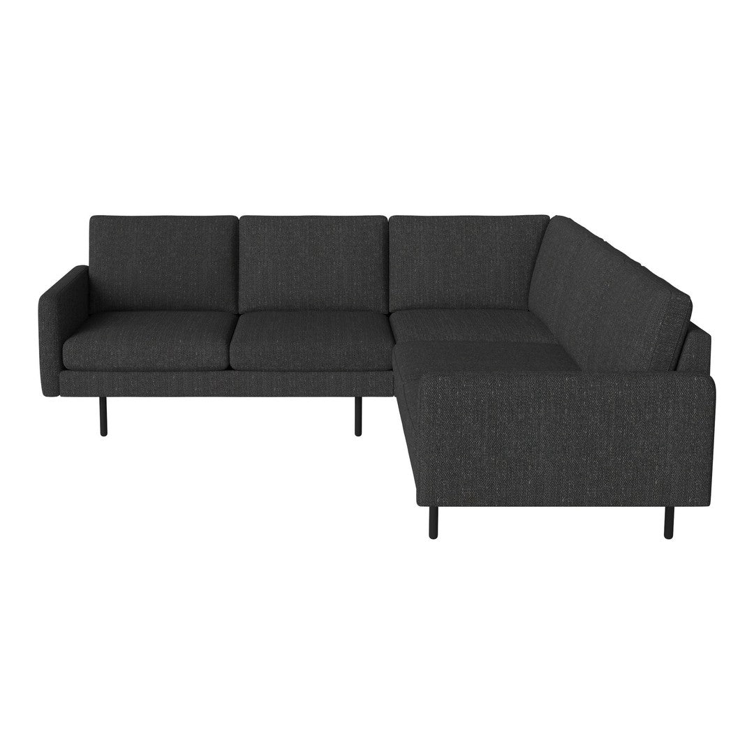 "Modern L-shaped sectional sofa in dark gray fabric with a clean, minimalist design and sleek black legs."