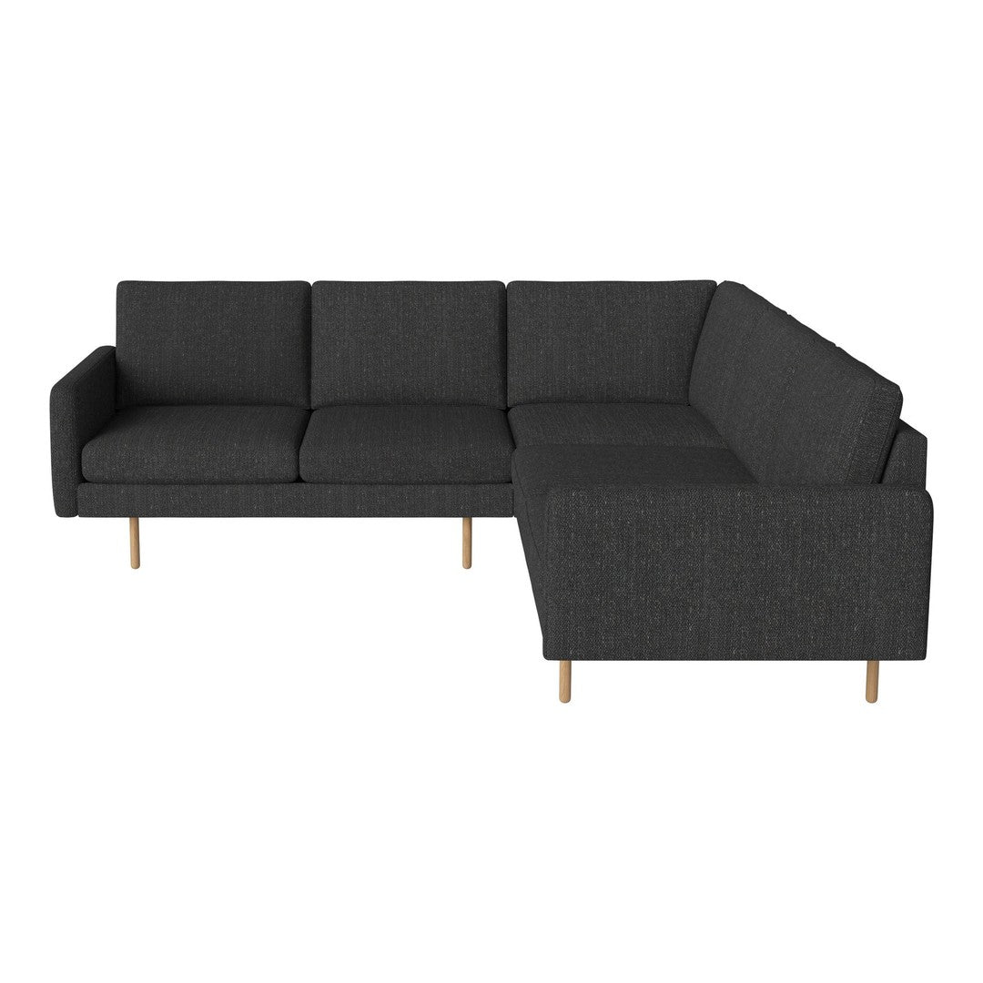 Dark gray sectional sofa with clean lines and wooden legs, featuring a textured fabric for added depth.