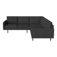 Modern L-shaped sofa in dark charcoal gray fabric, featuring a sleek, minimalist design with no patterns.