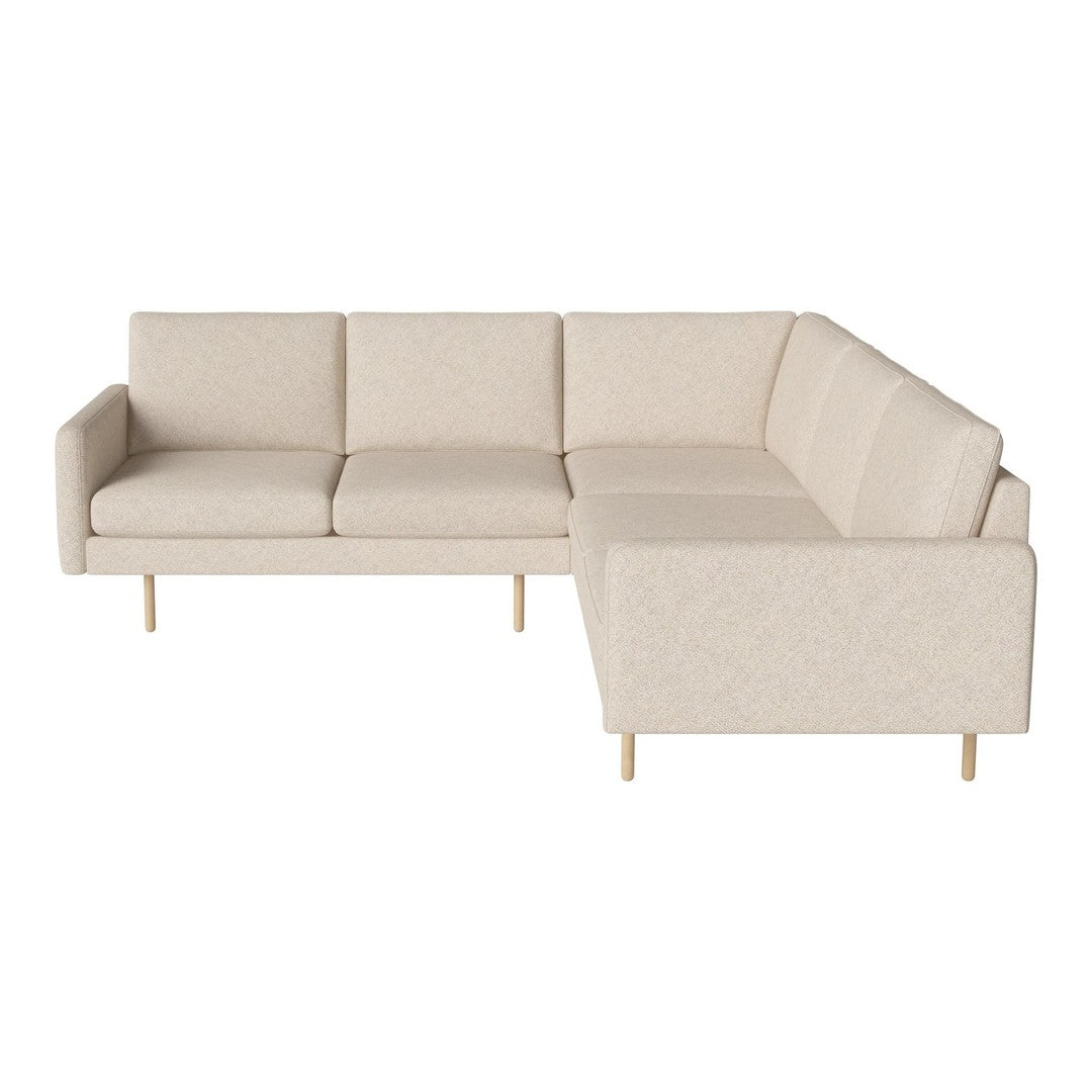 Light beige sectional sofa with a textured fabric and minimalist design, featuring simple clean lines and golden legs.