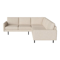 Beige sectional sofa with a smooth, textured fabric and minimalist design. Perfect for modern living spaces.