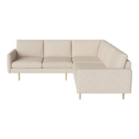 Beige sectional sofa with a textured fabric and light wooden legs, featuring a minimalist design and clean lines.